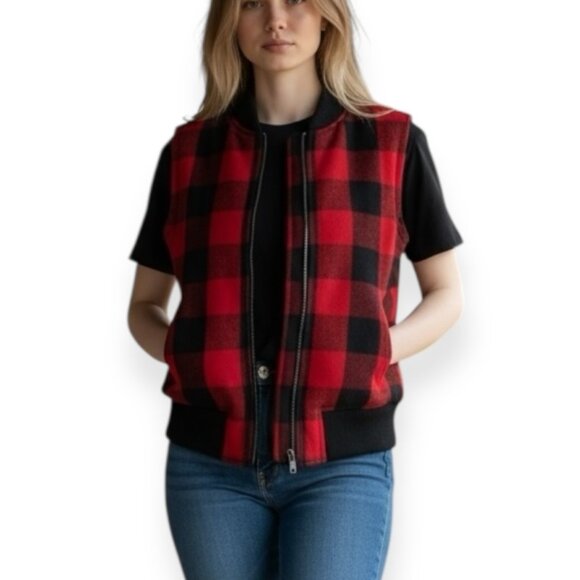 NWT Madewell Women's Vest Jacket Gingham Red Black Full Zipper Size S Wool Blend - Picture 1 of 8